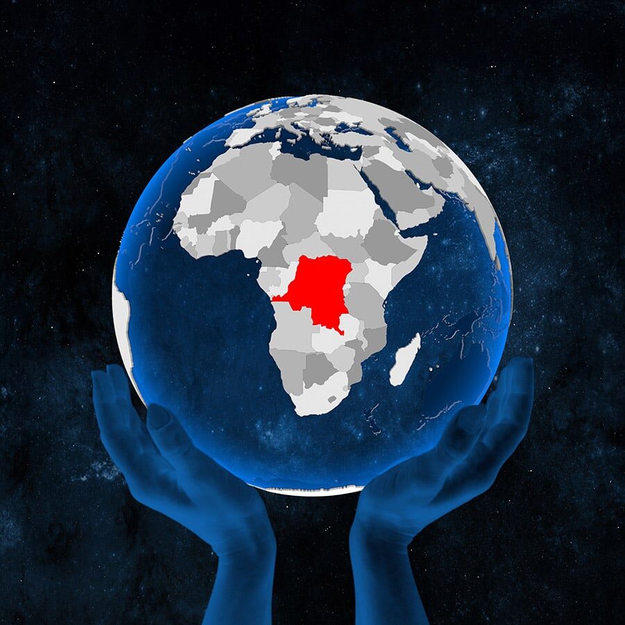 Democratic Republic of Congo on translucent blue globe held in hands in space. 3D illustration.